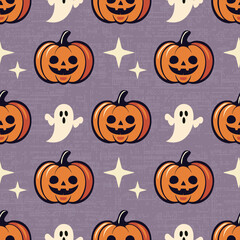Charming Halloween seamless pattern with cute smiling pumpkins, playful ghosts, and scattered stars on a purple retro background, whimsical vector design, autumn-themed decor for seasonal projects.