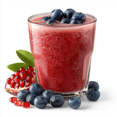 Red smoothie in glass, topped with fresh blueberries, with more berries and pomegranate seeds scattered around base, on white background.