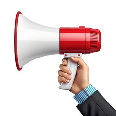 Hand holding a red and white megaphone for public announcement or protest isolated on transparent background