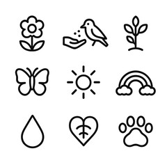 Kindness in Nature Icons. Outline icon set of kindness in nature: blooming flower, bird feeding, tree growing, butterfly, sun rays