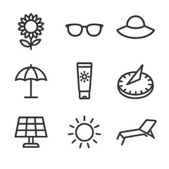 Sun-Themed Icon Grid. Outline icon set of sun-related objects: sunflower, sunglasses, sunhat, sunscreen bottle, beach umbrella,