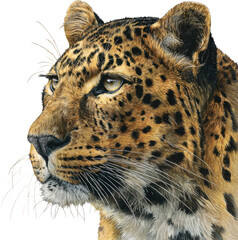 Obraz premium Close up profile of a majestic leopard s head with striking eyes and spotted fur