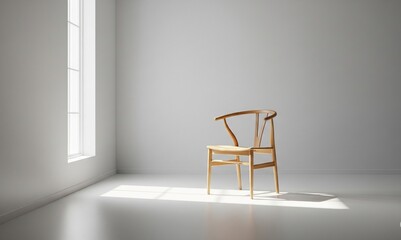 Natural Light on Modern Wooden Chair in Minimalist Interior with Soft Shadows and Empty Gray Wall – Contemporary Scandinavian Design Aesthetic