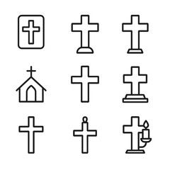 Fototapeta premium Cross Icon Collection. Outline icon set of cross decor: wall cross, tabletop cross, altar cross, church cross, metal cross, stone