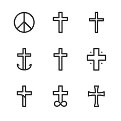 Symbolic Crosses Collection. Outline icon set of symbolic crosses: peace cross, victory cross, sacrifice cross, hope cross, faith