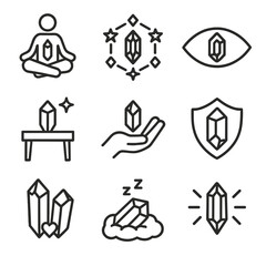 Crystal Icon Set. Outline icon set of metaphysical crystal uses: meditation stone, energy grid, third eye stone, altar crystal,