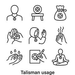 Fototapeta premium Talisman Icon Collection. Outline icon set of talisman usage: wearing necklace, placing on altar, carrying in pouch, gifting charm