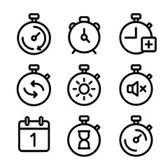 Obraz premium Chronometer Icon Set. Outline icon set of chronometer settings: time adjustment, alarm set, lap reset, mode switch, brightness