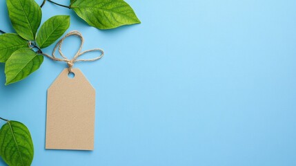 blank tag on a blue background with green leaves, in a flat lay composition, space for text or product information, simple, minimalistic concept banner for a sale promotion