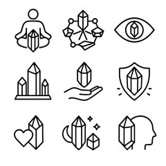 Crystal Icon Set. Outline icon set of metaphysical crystal uses: meditation stone, energy grid, third eye stone, altar crystal,