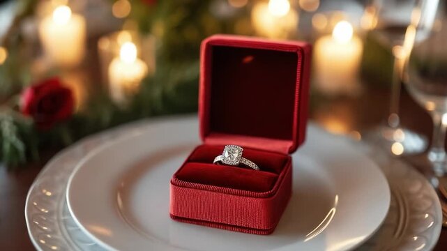 Elegant engagement ring displayed on table with soft candlelight and festive decor in romantic setting