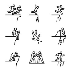 Cinematic Cliff Icons. Outline icon set of cinematic cliff tropes: chase to the edge, cliffhanger grip, jump off moment, lost map