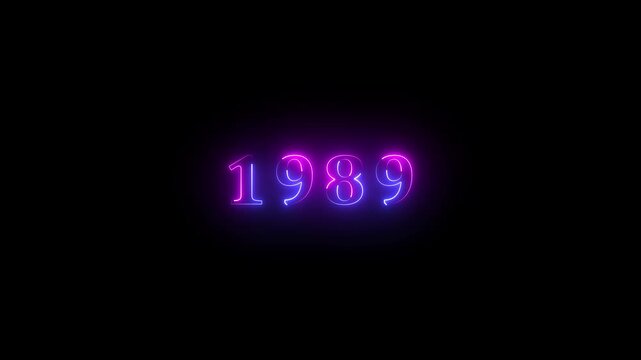 Neon text calendar 1989 animation, glowing neon icon blue and purple colors 4k video. Neon light countdown 1989 Sal number icon background 4k animation.