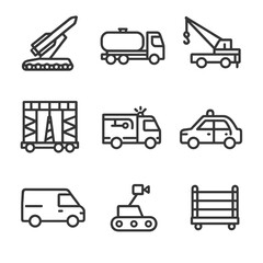 Launch Pad Icon Set. Outline icon set of launch pad vehicle support: transporter-erector, fuel truck, crane, support vehicle, fire