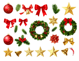 3D Realistic Christmas Decor Set with Ornaments, Pine Branches, and Ribbons Floating Composition Transparent Background PNG.