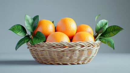 Fresh orange fruits with leaves in basket. Harvest of organic freshly picked oranges.