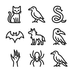 Fototapeta premium Cursed Creature Icons. Outline icon set of cursed creatures: black cat, raven, serpent, bat, spectral wolf, cursed crow, demon