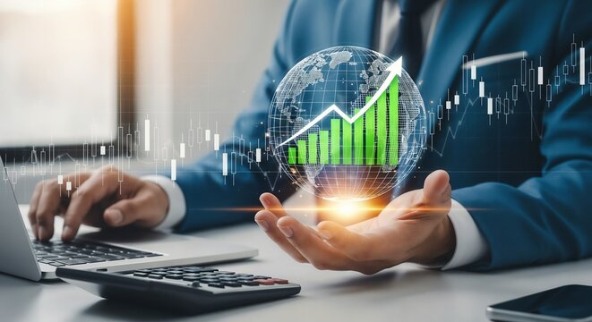 A businessman analyzing global market trends, holding a holographic globe with a rising green bar chart and stock graphs, symbolizing international business growth and financial success.
