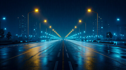 Fototapeta premium wide road with street lights at night