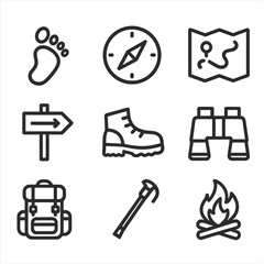 Fototapeta premium Trail Navigation Icons. Outline icon set of trail navigation: footprint, compass, map, trail marker, hiking boot, binoculars,