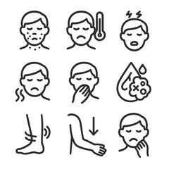 Transfusion Symptoms Icons. Outline icon set of transfusion reactions and symptoms: rash, fever, chills, breathing difficulty,