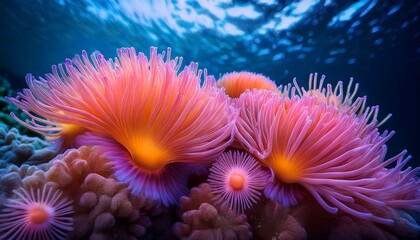 stunning underwater close up of vibrant pink and orange sea anemones ocean life coral reef beauty