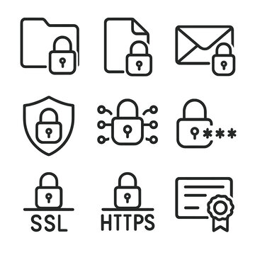Data Encryption Icons. Outline icon set of data encryption locks: encrypted folder, encrypted file, locked email, lock shield,