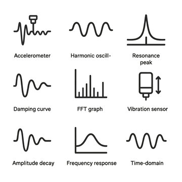 Vibration Analysis Icons. Outline icon set of vibration analysis: accelerometer waveform, harmonic oscillation, resonance peak,