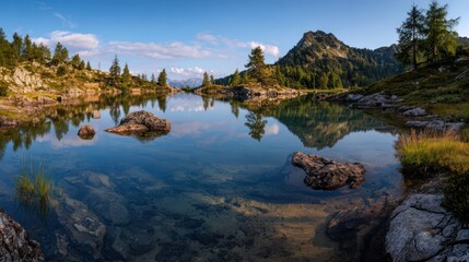 Fototapeta premium A serene panorama of a high-altitude lake nestled amid rugged mountains and lush greenery