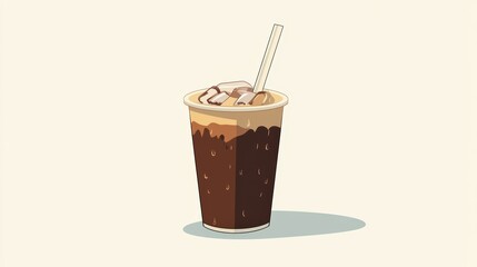 Refreshing Iced Coffee Beverage with Creamy Ice Cubes in Decorative Cup on Simple Background