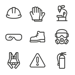 Fototapeta premium Manufacturing Safety Icons. Outline icon set of manufacturing machinery: robotic arm, assembly line, lathe machine, drill press,