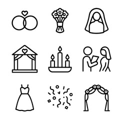 Wedding Ritual Icons. Outline icon set of wedding rituals: rings, bouquet, veil, altar, unity candle, exchanging vows, wedding