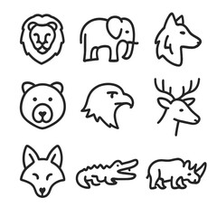 Fototapeta premium Wild Animals Icon Set. Outline icon set of wild animals: lion, elephant, wolf, bear, eagle, deer, fox, crocodile, rhinoceros. Line