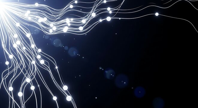 Abstract Glowing Lines and Particles Flowing Through Dark Space With Light Flare