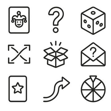 Wild Card Icons. Outline icon set of wild card concepts: joker card, question mark, dice, shuffle, surprise box, mystery envelope,