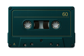 Obraz premium Vintage teal cassette tape close-up, highlighting analog music storage from past decades against transparent background