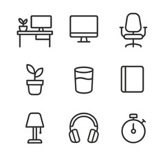 Workspace and Fans Icons. Outline icon set of calm workspace: tidy desk, potted plant, minimal monitor, ergonomic chair, water