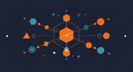 Abstract geometric illustration featuring interconnected shapes and lines, on a dark background.
