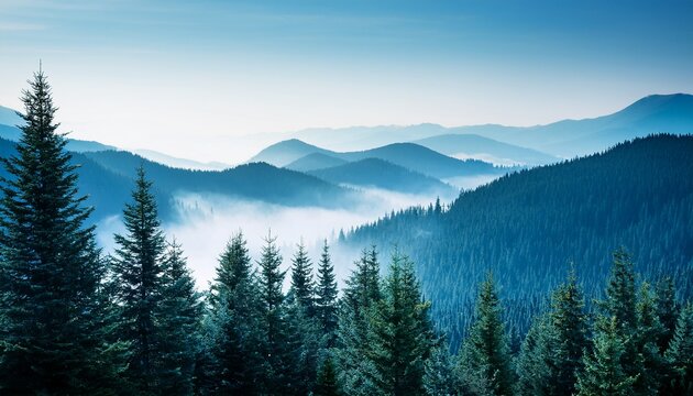 minimal landscape with misty blue mountains and conifer trees symbolizing serenity and calmness
