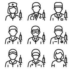 Medical Staff Icons. Outline icon set of syringe-related medical staff: nurse, doctor, phlebotomist, pharmacist, lab technician,