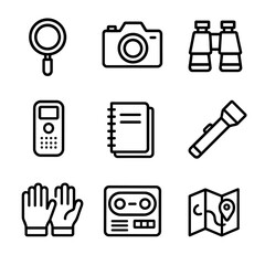 Detective Tools Icons. Outline icon set of detective equipment: magnifier, camera, binoculars, voice recorder, notebook,
