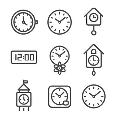 Clock Icon Collection. Outline icon set of wall clock types: mechanical clock, quartz clock, pendulum clock, digital display,
