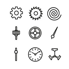 Clockwork Icon Set. Outline icon set of clock mechanics: gear wheel, escapement, mainspring, balance wheel, pinion, winding stem,