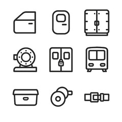 Closed Transport Icons. Outline icon set of closed transportation: closed car door, shut airplane door, sealed cargo hold, closed