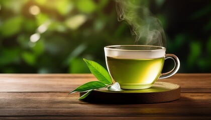 steaming cup of green tea on a wooden table with fresh leaves