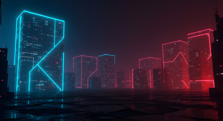 Naklejka premium Cyberpunk city neon lights futuristic cityscape digital art glowing buildings urban landscape design