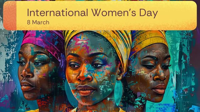 Texte en anglais "International Women&rsquo;s Day &ndash; 8 March", trois portraits de femmes afro-descendantes sur fond abstrait color&eacute;, visuel artistique pour la Journ&eacute;e internationale des femmes