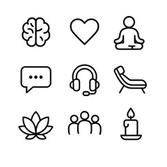 Mental Health Icons. Outline icon set of mental health support: brain, heart, person meditating, chat bubble, headphones,