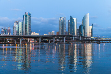 Obraz premium Haeundae District of Busan, South Korea. Marine City panoramic skyline