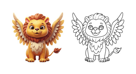 Obraz premium Funny Griffin Cartoon Character Coloring Page for Kids Mythical Creature Activity